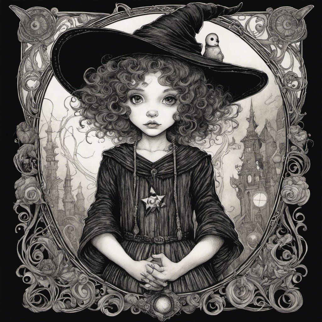 Charming Young Witch in Black and White Ink