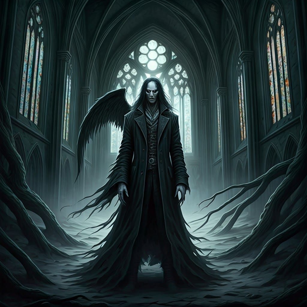 Gothic Figure in Ruined Church with Angel