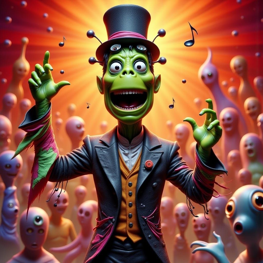 Disney version of the Frankenstein monster singing a song, with big expressive gestures <lora:CREEPISH CUTE:1.0>