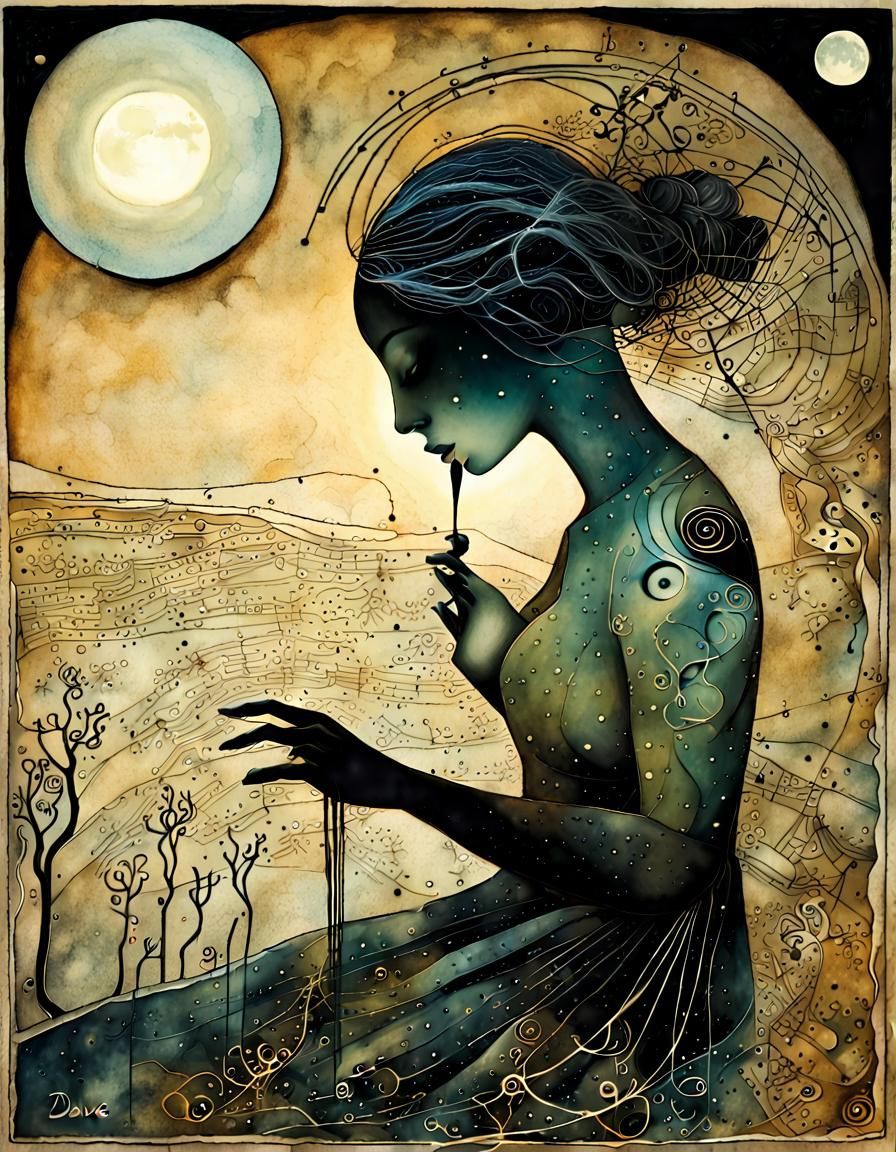Girl Swimming in Moonlight: Mixed Media Textile Art