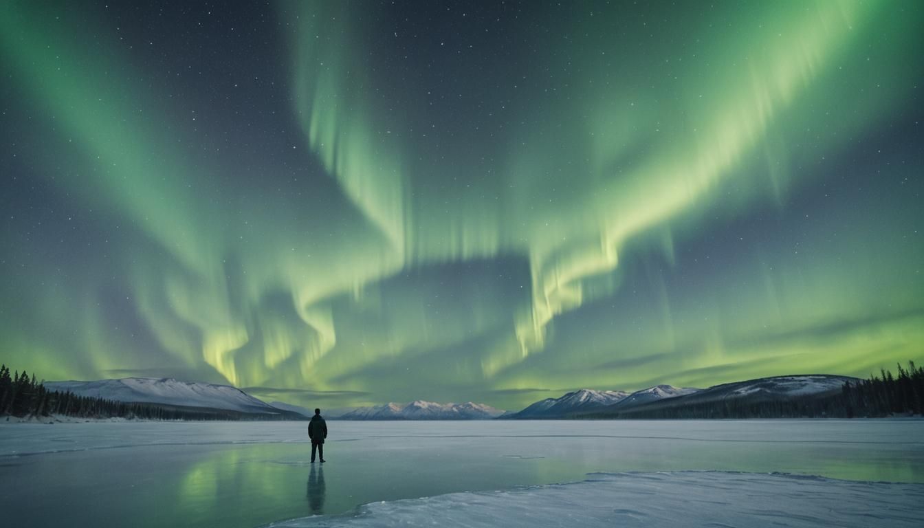 Aurora Borealis Over Frozen Lake in Cinematic Style