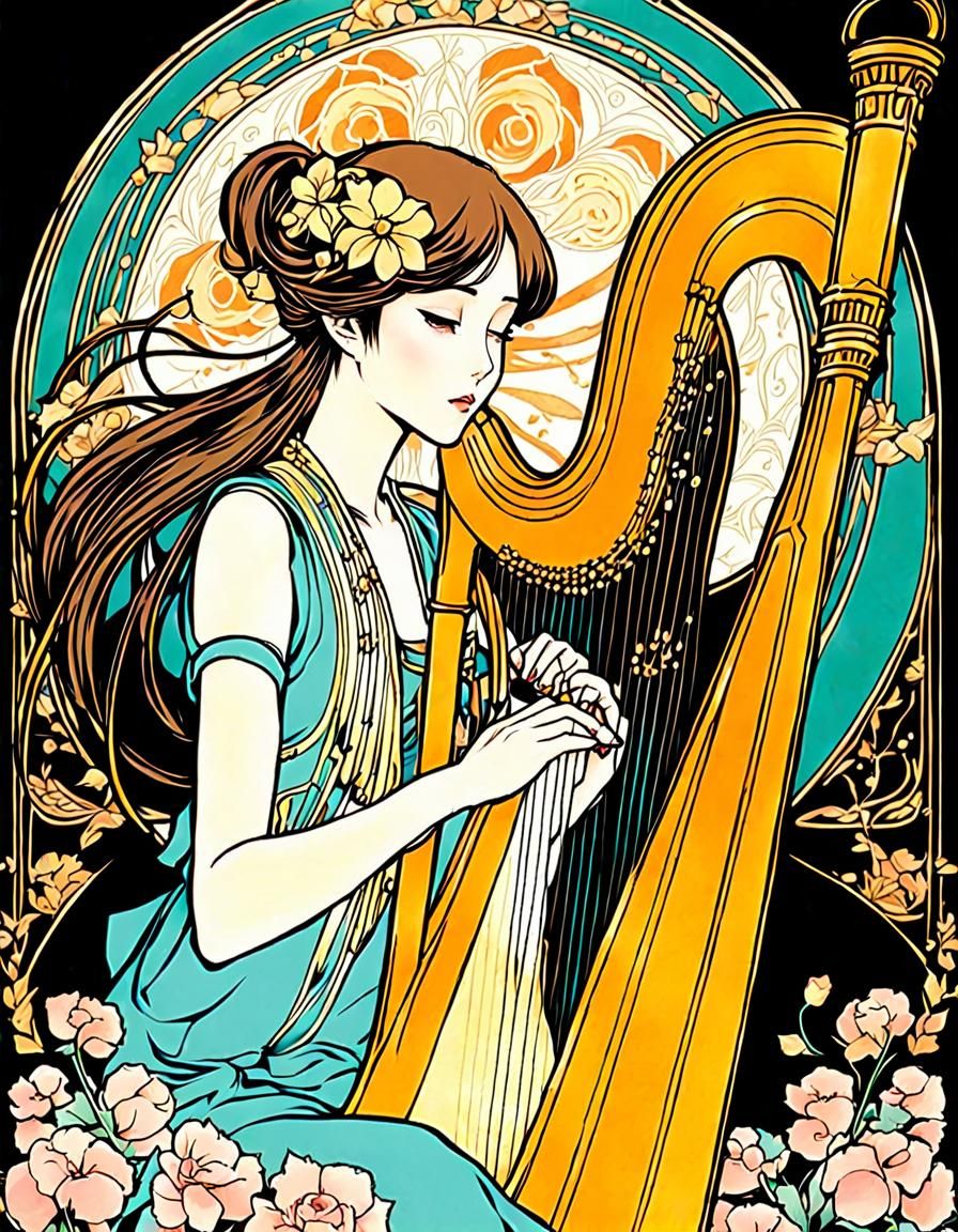 Woman Playing Harp in Anime Art Nouveau Style