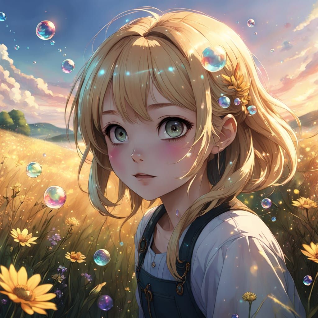 Anime Girl Dreams in Golden Field with Floating Bubbles