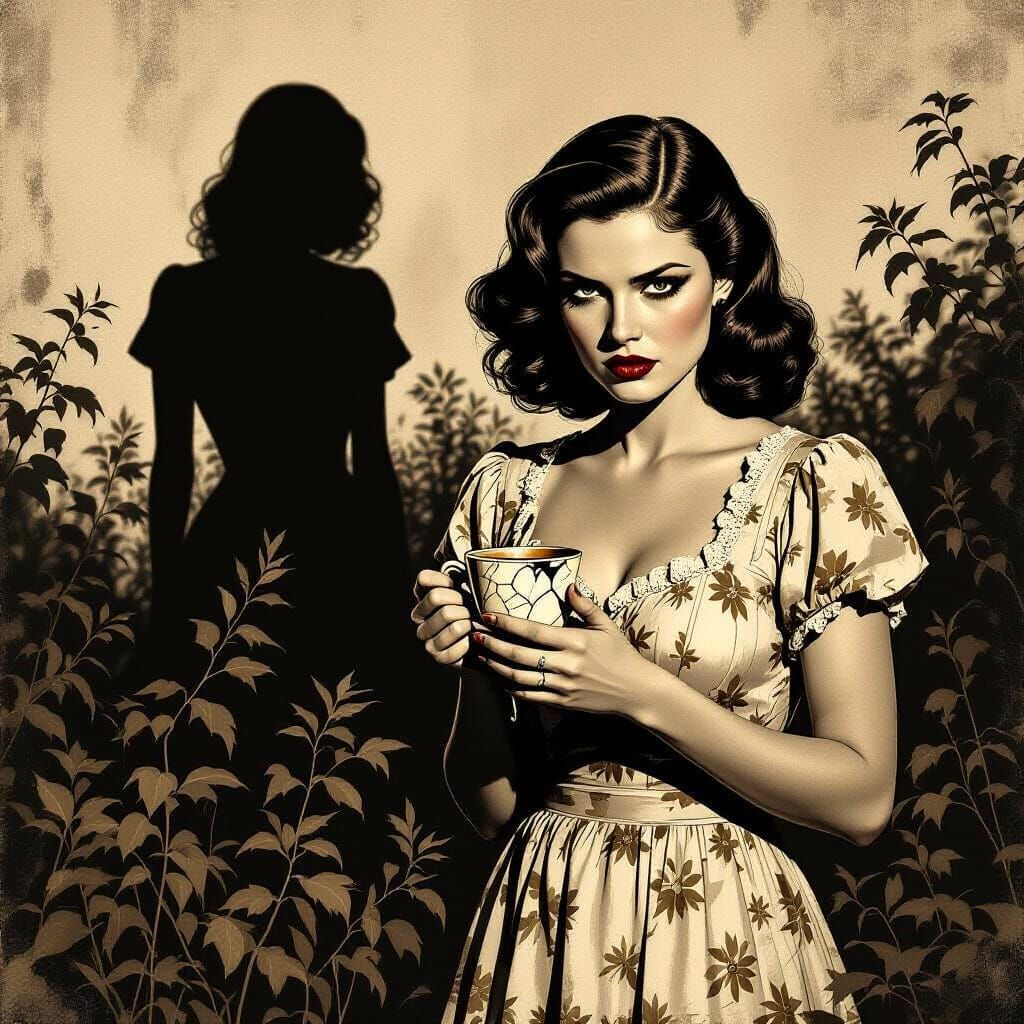 Haunted Woman in Garden in Noir Sepia Style