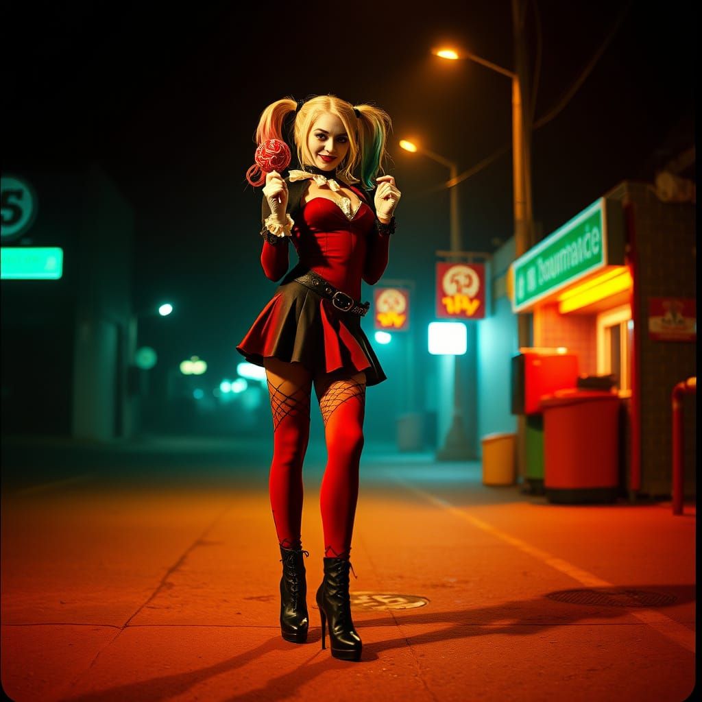 Harley Quinn with Bat Lollipop in Cinematic Style