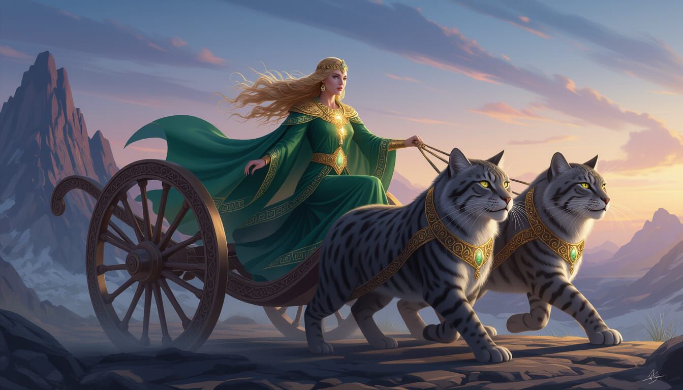 Freyja Soaring Through Twilight Sky in Epic Fantasy Style