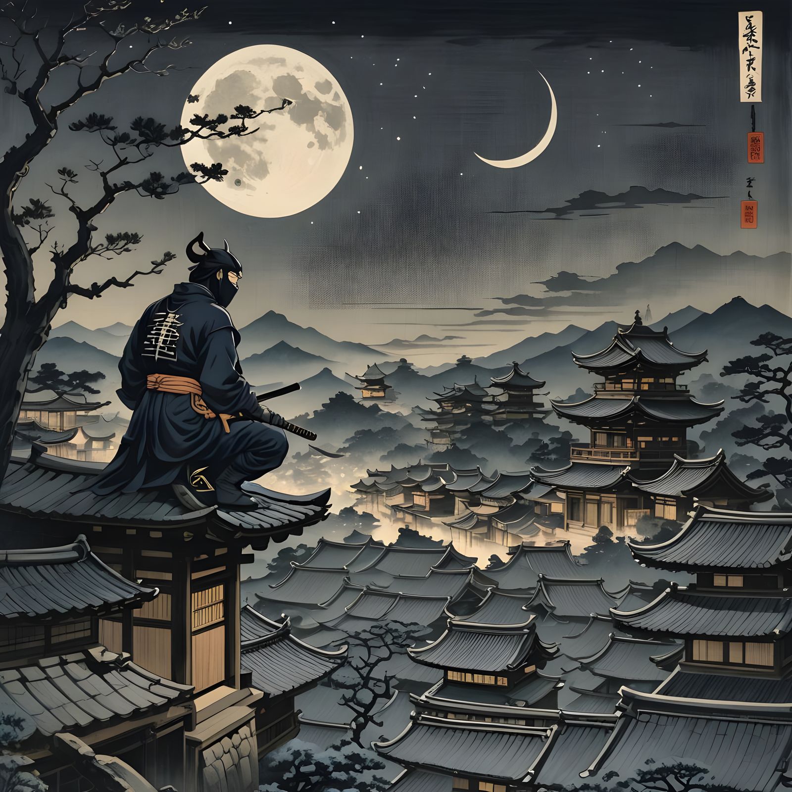 Ninja and Demon Watch Over Village in Ukiyo-e Style