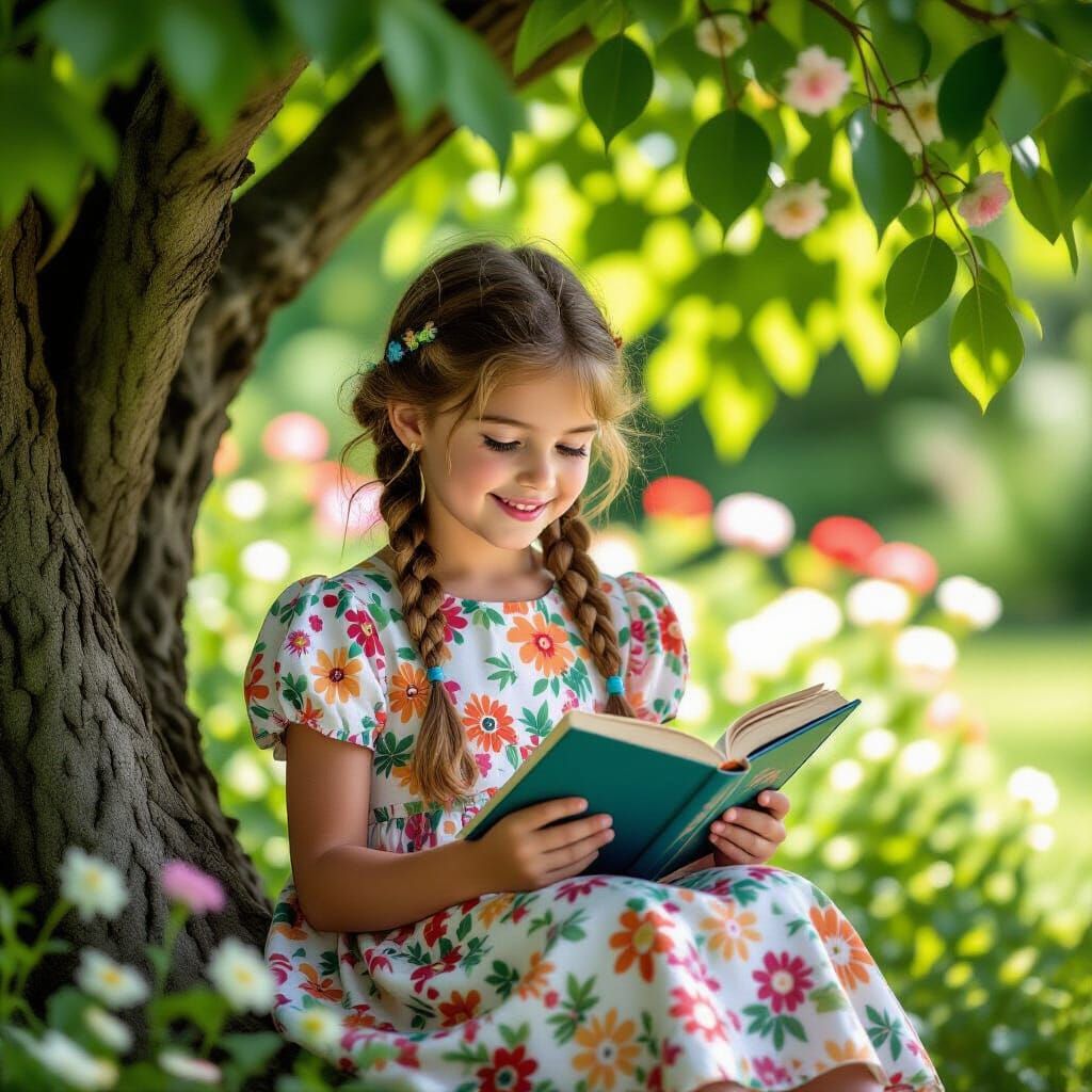 Girl Reading Book in Sunny Backyard Portrait