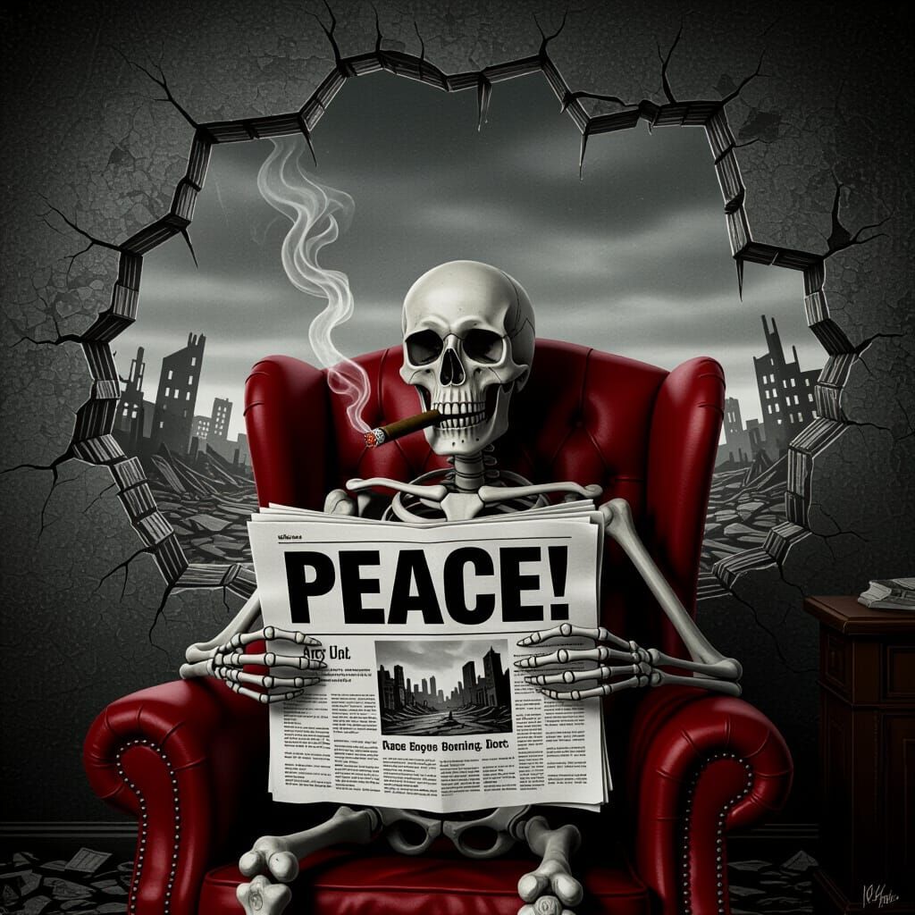 Skeleton Reads 'Peace!' Headline in Noir Armchair