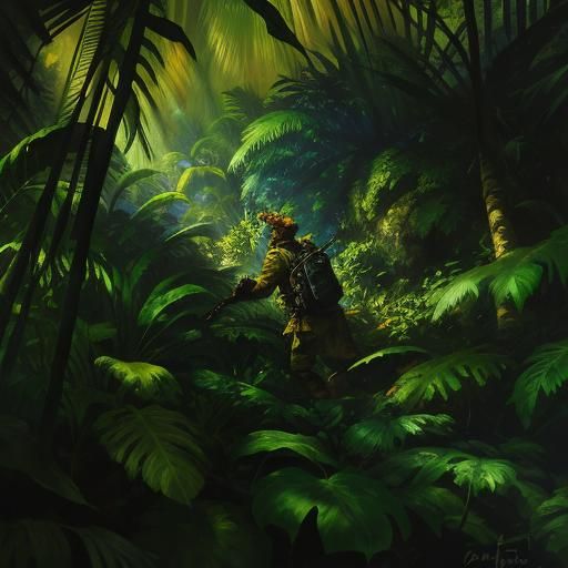 Jungle Hunter in Vibrant Oil Painting