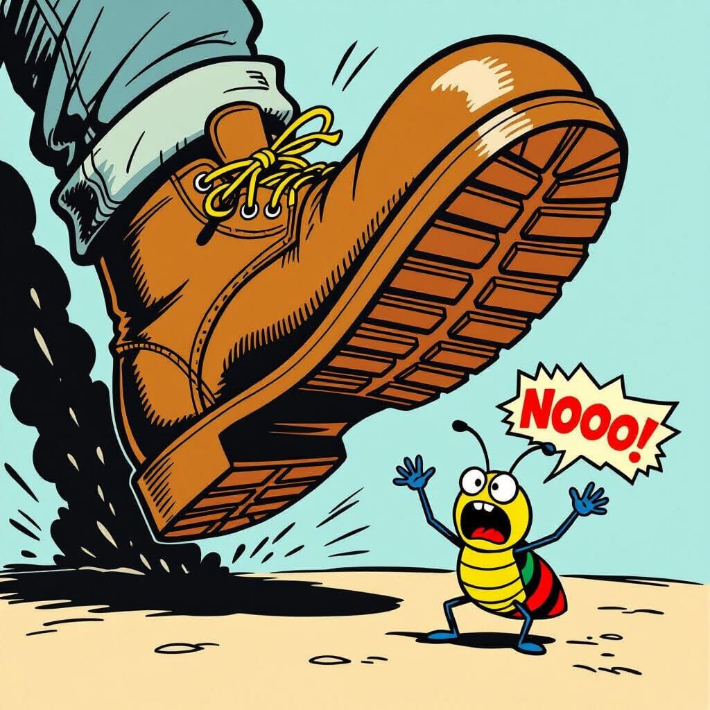 Comical Cartoon Bug Faces Giant Shoe in Slapstick Style