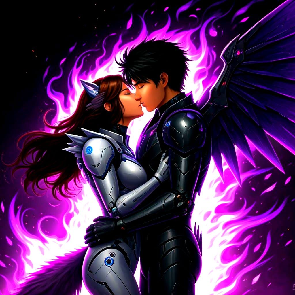 Cybernetic Superheroes Embrace in Purple Fire