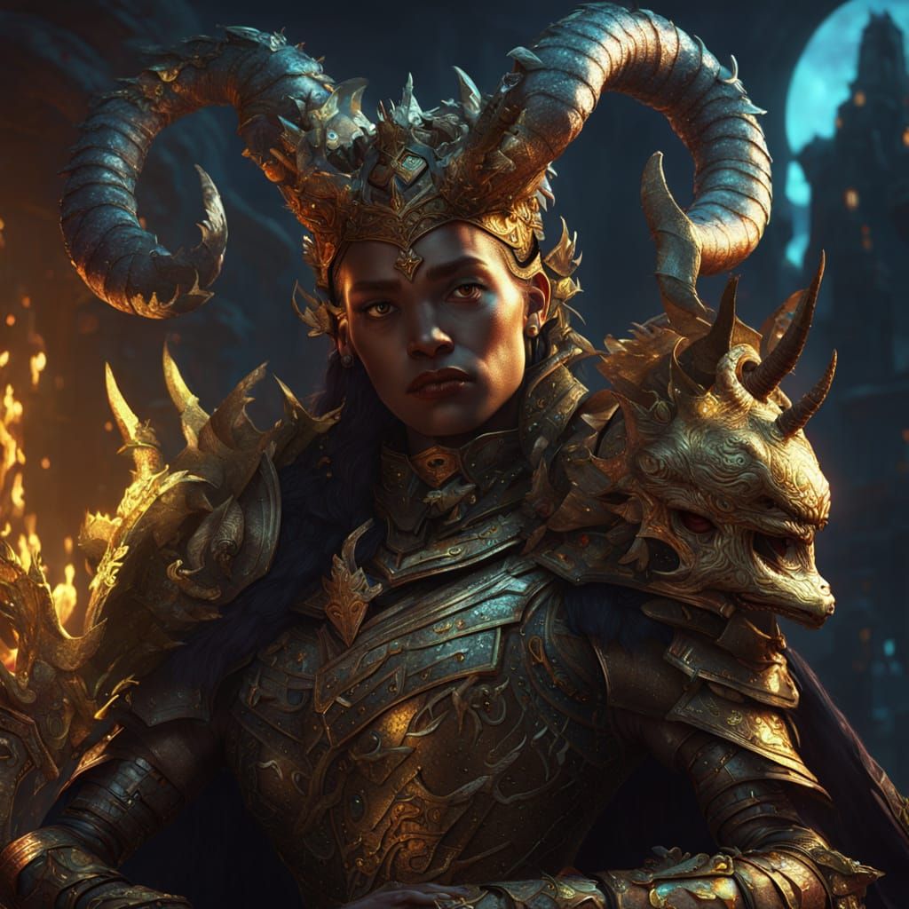 Monstrous Queen in Armor Hugs Rubbish, Dark Fantasy Art