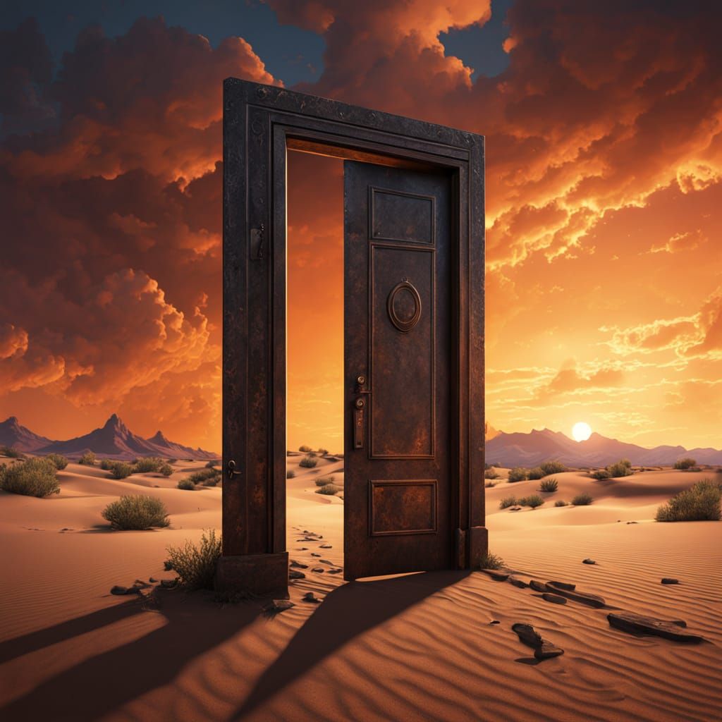 Surreal Desert Doorway at Sunset, Salvador Dali Style