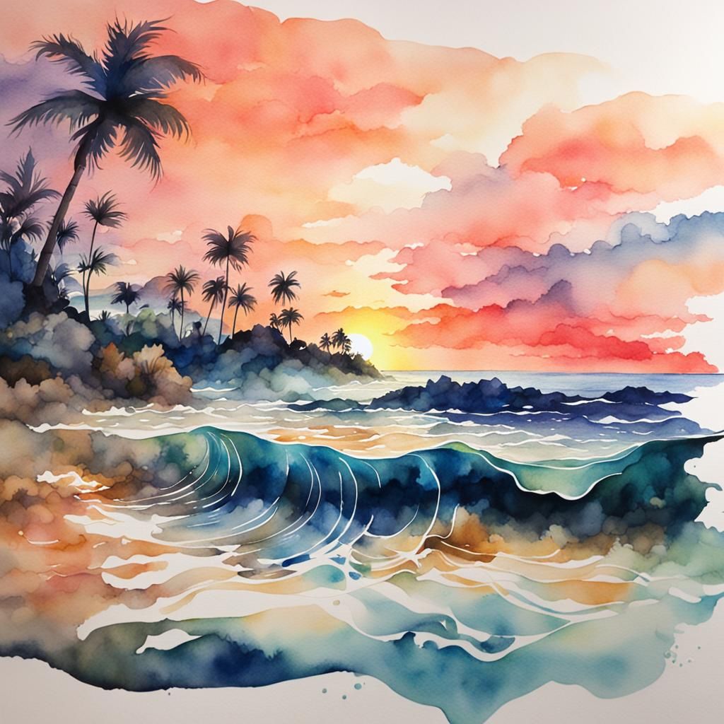 Sunset Beach Underwater World in Watercolor