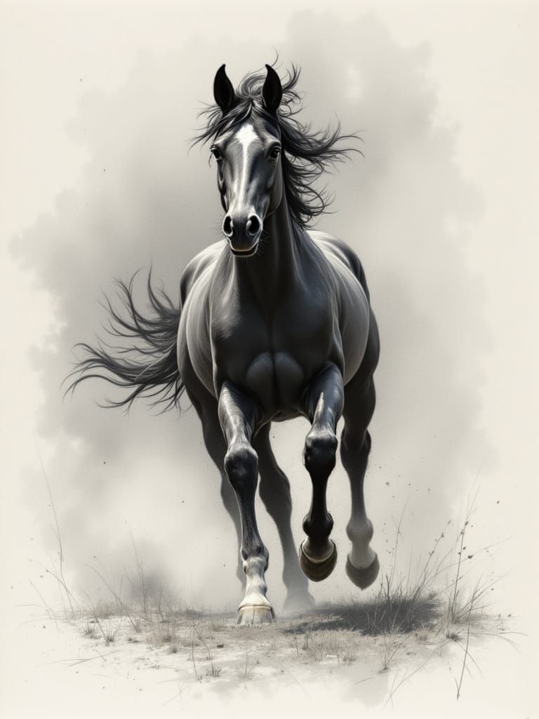 Charcoal Sketch of a Free Horse Running
