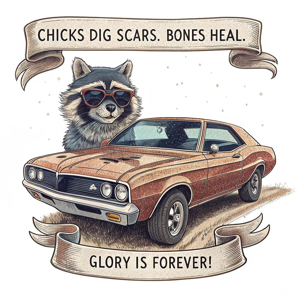 Raccoon in Aviator Sunglasses Cruises in Classic Muscle Car