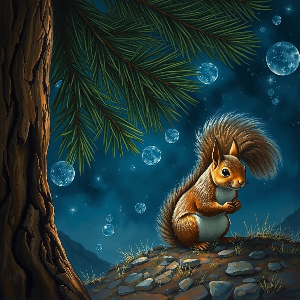 Whimsical Squirrel Silhouette Amidst a Starry Pine Tree Scen...