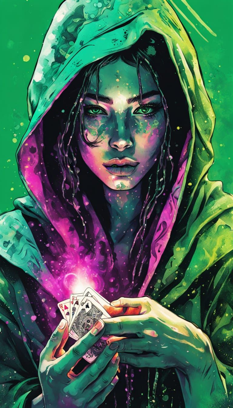 Cyberpunk Gypsy with Fortune Telling Cards in Ink Painting