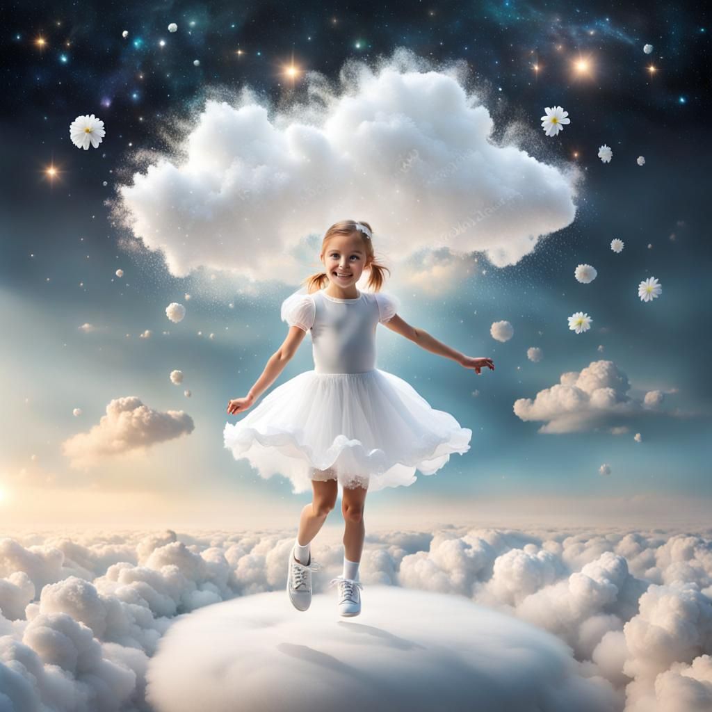 Girl Dancing on Cloud in Space
