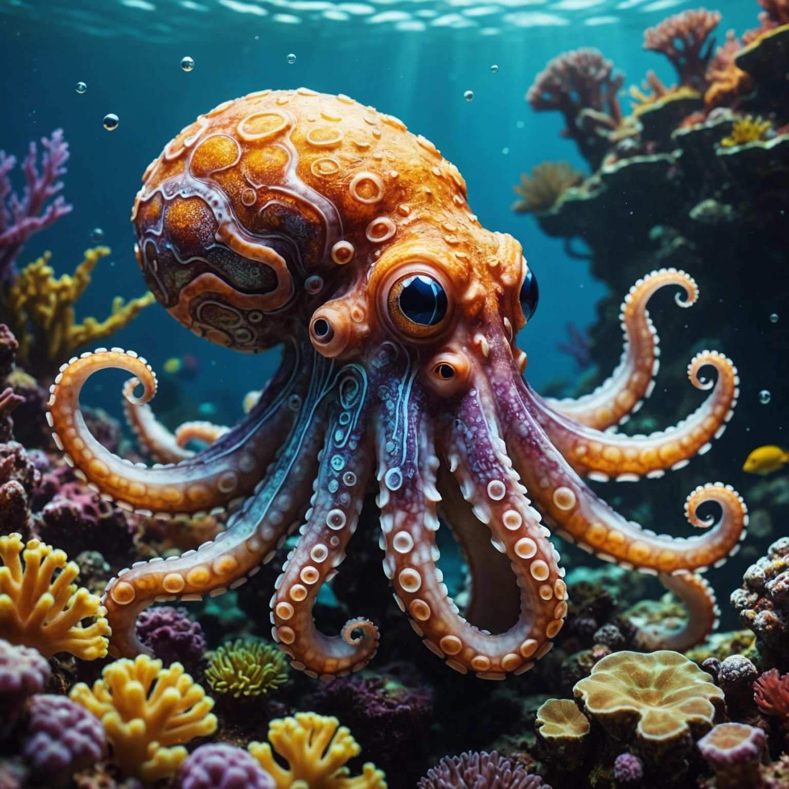 Camouflaged Octopus in Colorful Underwater Splash Art