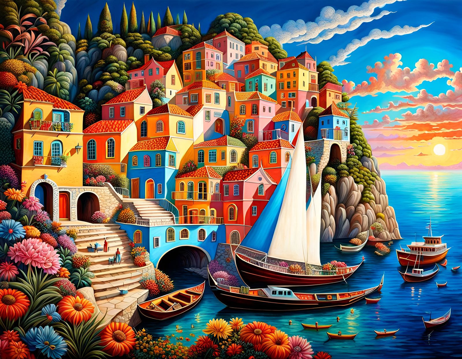 Spectacular Cliffside Village Landscape in Maximalist Style