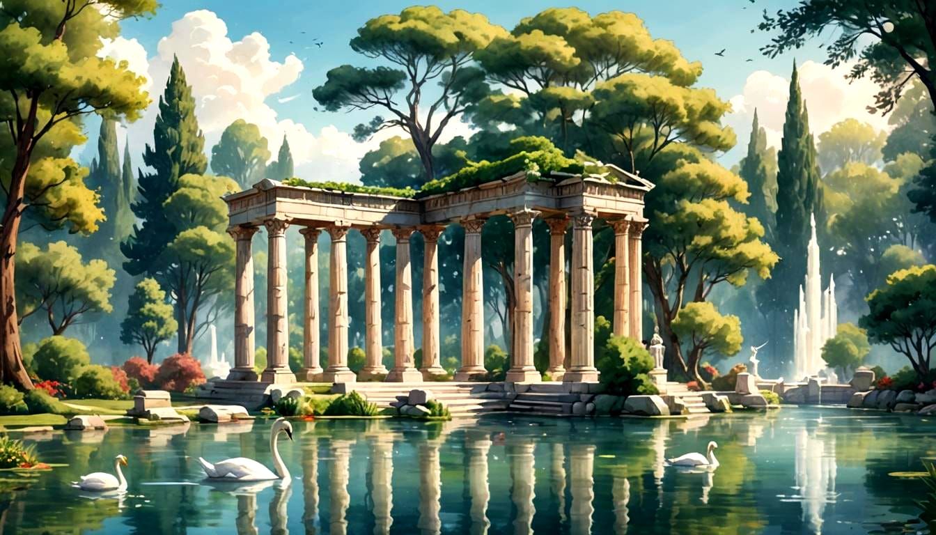 Scenic Seaside Park with Roman Temple: 3D Digital Art