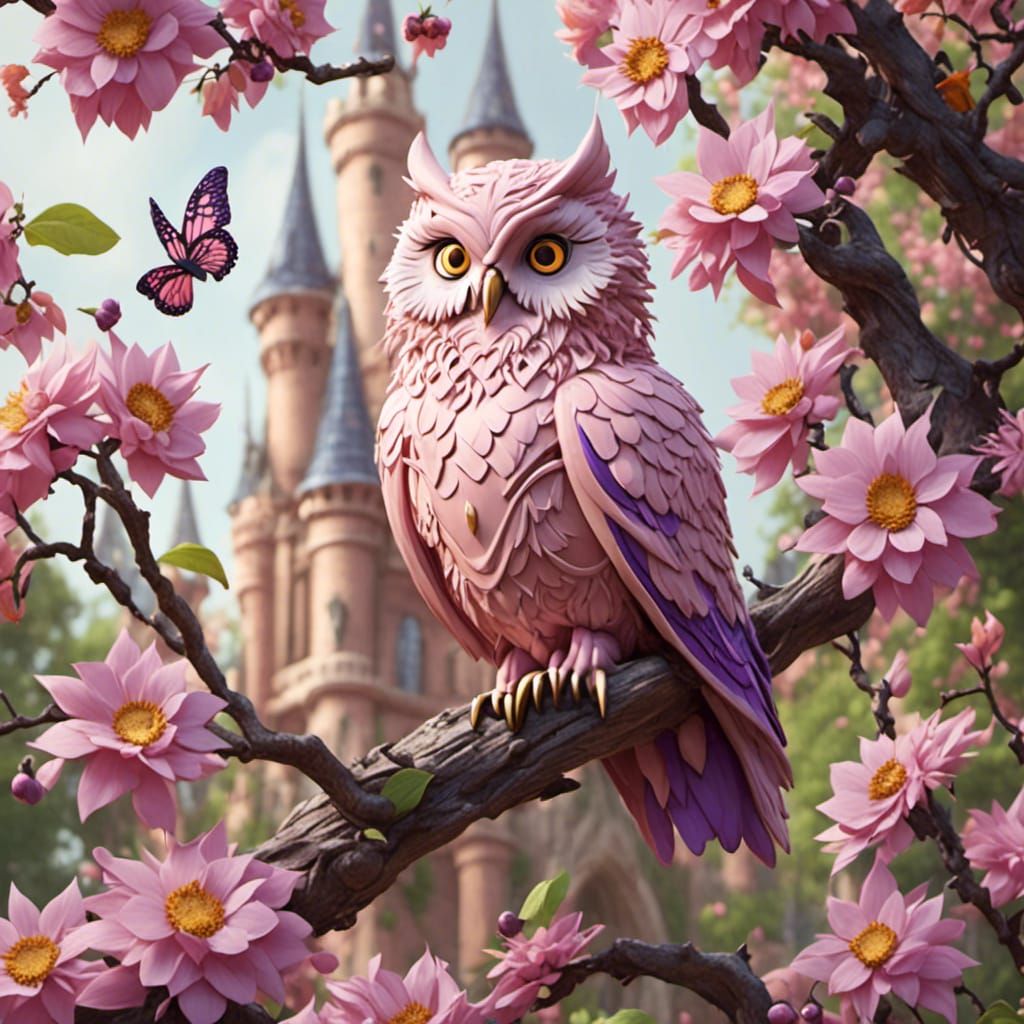 Pink and Purple Owl in Castle Garden