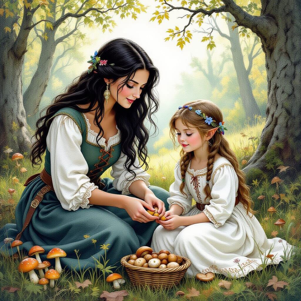 Medieval Woman and Girl Foraging, Celtic-Inspired