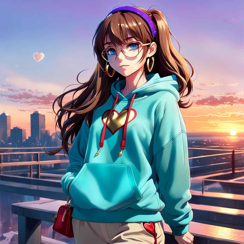 Anime Girl with Sunset Background in 3D Style