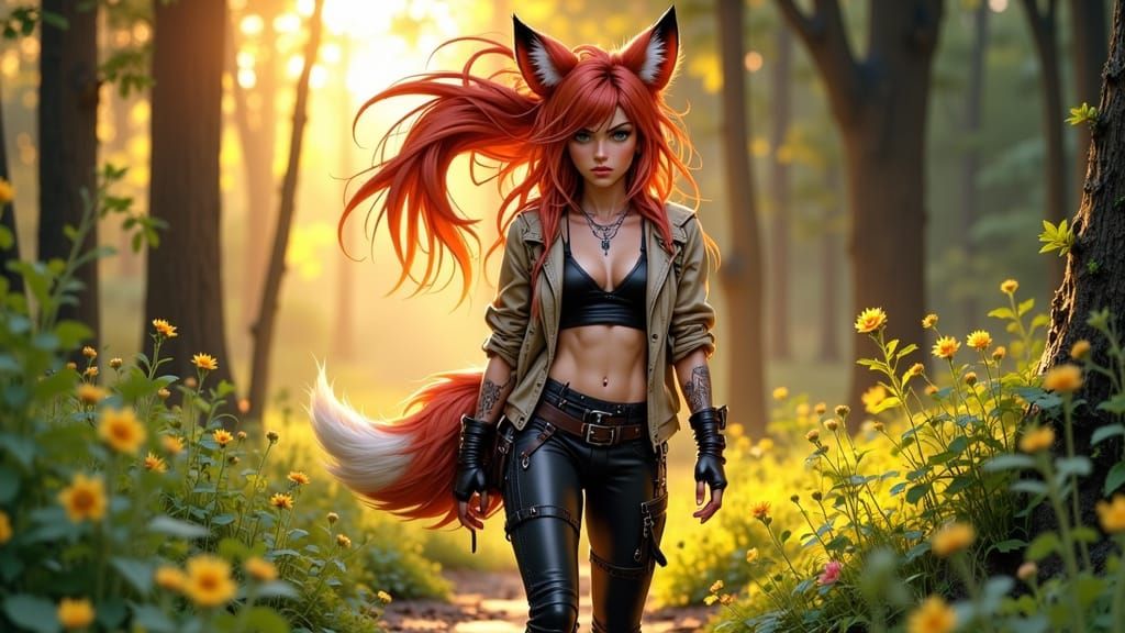 Kitsune Woman in Meadow at Sunrise: Digital Art