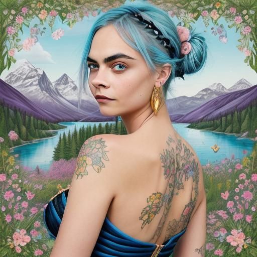 Whimsical Illustration of Woman with Landscape Design