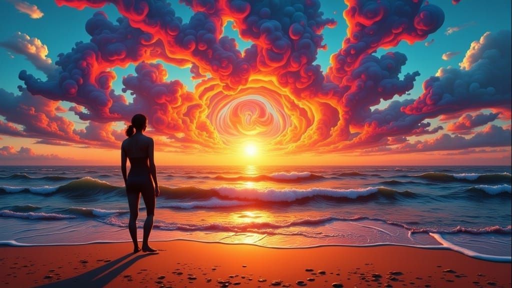 Fractalpunk Sunset on Golden Beach: Digital Art