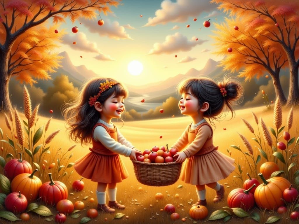 Magical Fall Harvest with Joyful Girls in Gouache
