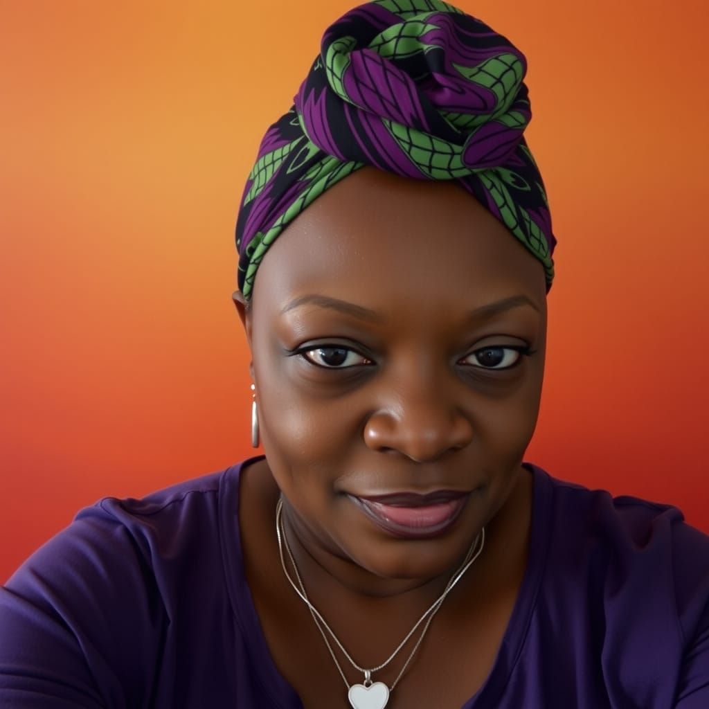 Woman with Purple Headwrap and Silver Necklace