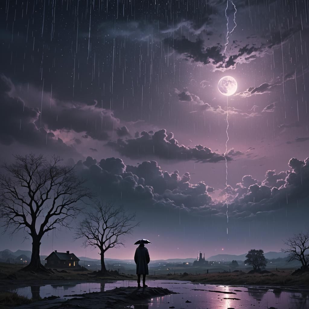Twilight Rain: Lonely Figure in Dark Landscape
