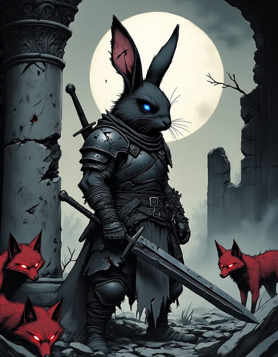 Scarred Rabbit Warrior Battles Demonic Foxes in Dark Ruins