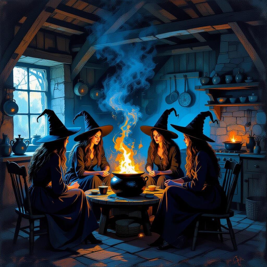 Surrealist Witches Chatting in Atmospheric Wood Kitchen
