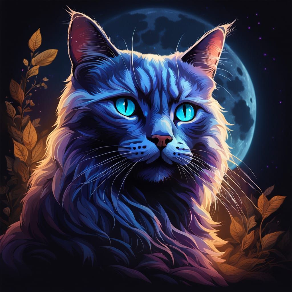 Regal Blue-Eyed Cat Under Lunar Glow in Hyperrealistic Style