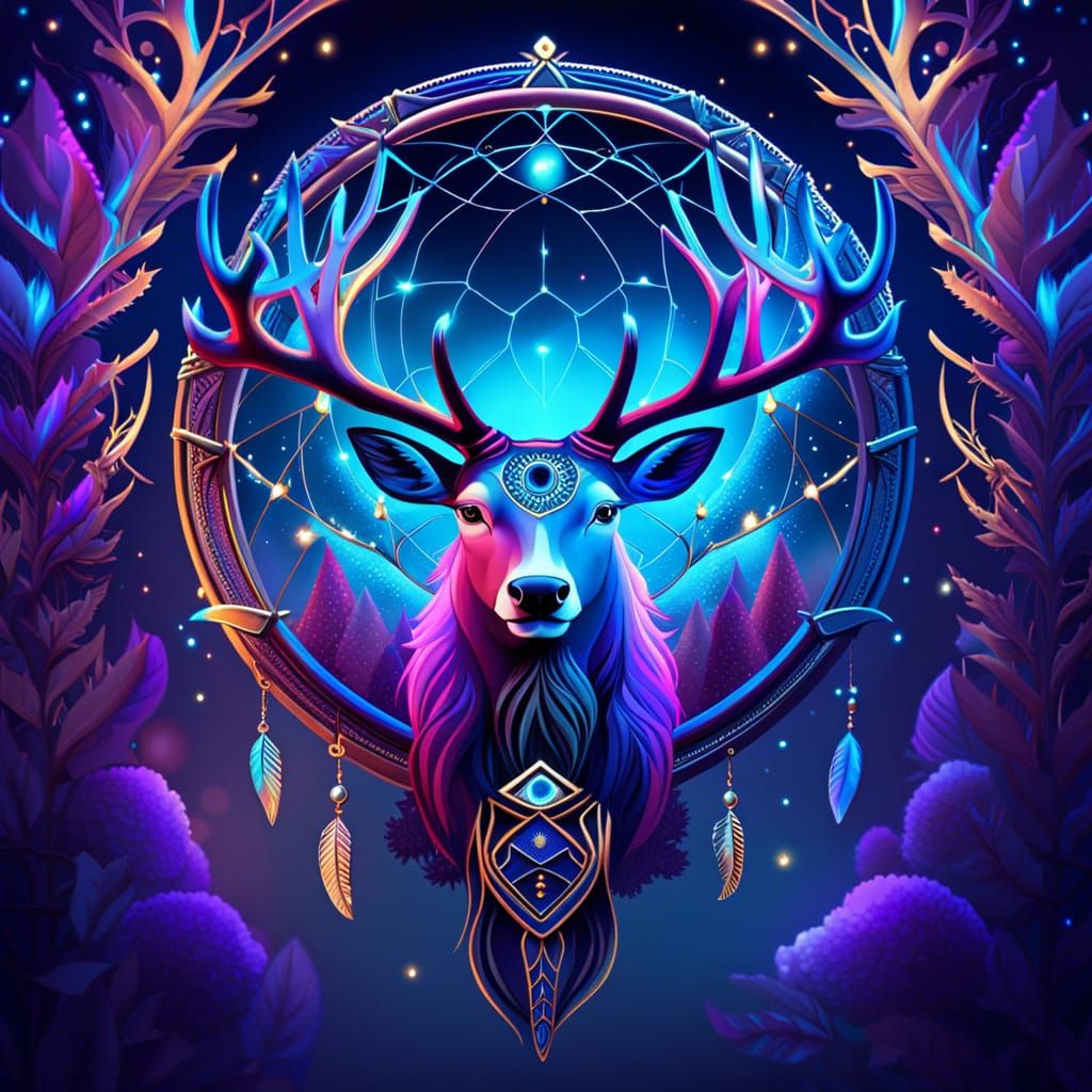 Cosmic Dreamcatcher with Antlers: Holographic Illustration