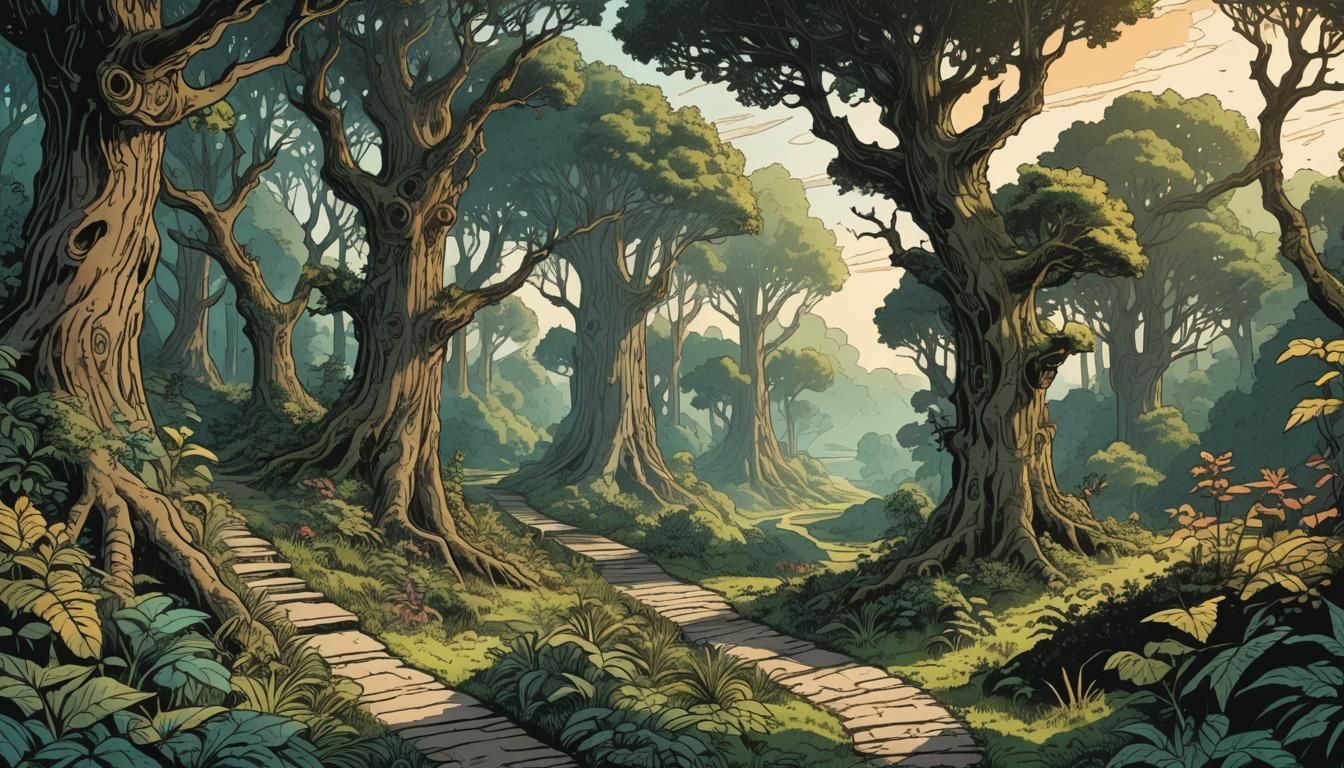 Lush Forest Path in Retro D&D Style
