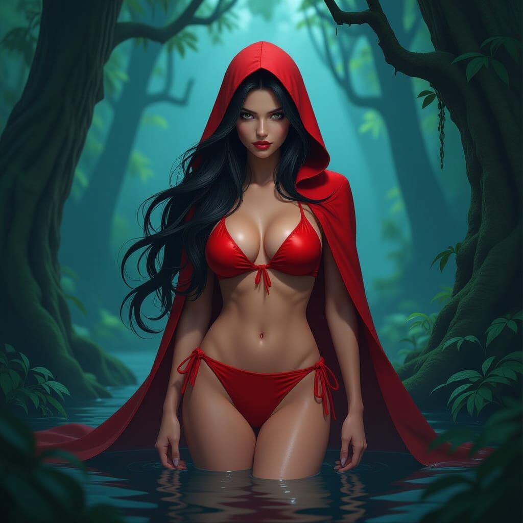 Red Riding Hood in Bikini in Forest Oil Painting