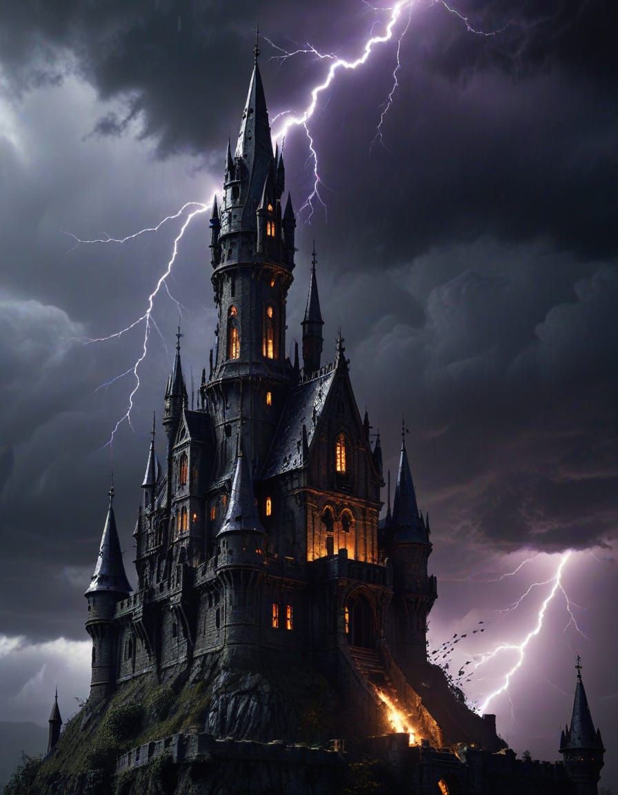 A gothic rocket ship blasts off from a crumbling castle, lig...