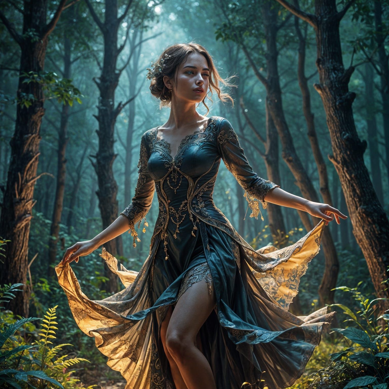 Ethereal Shadow Dancer in Moonlit Forest