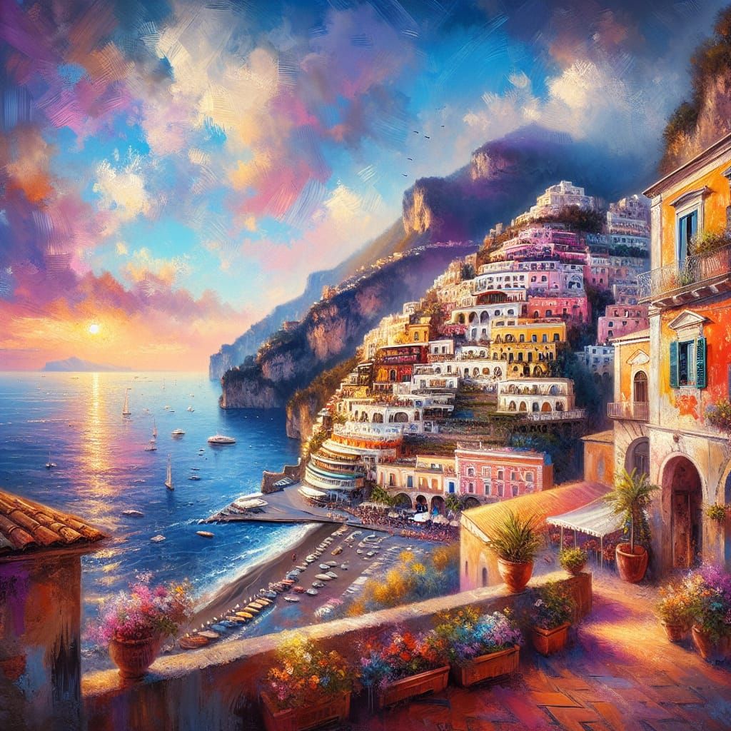 Italian Coast Town at Sunset in Oil Painting Style