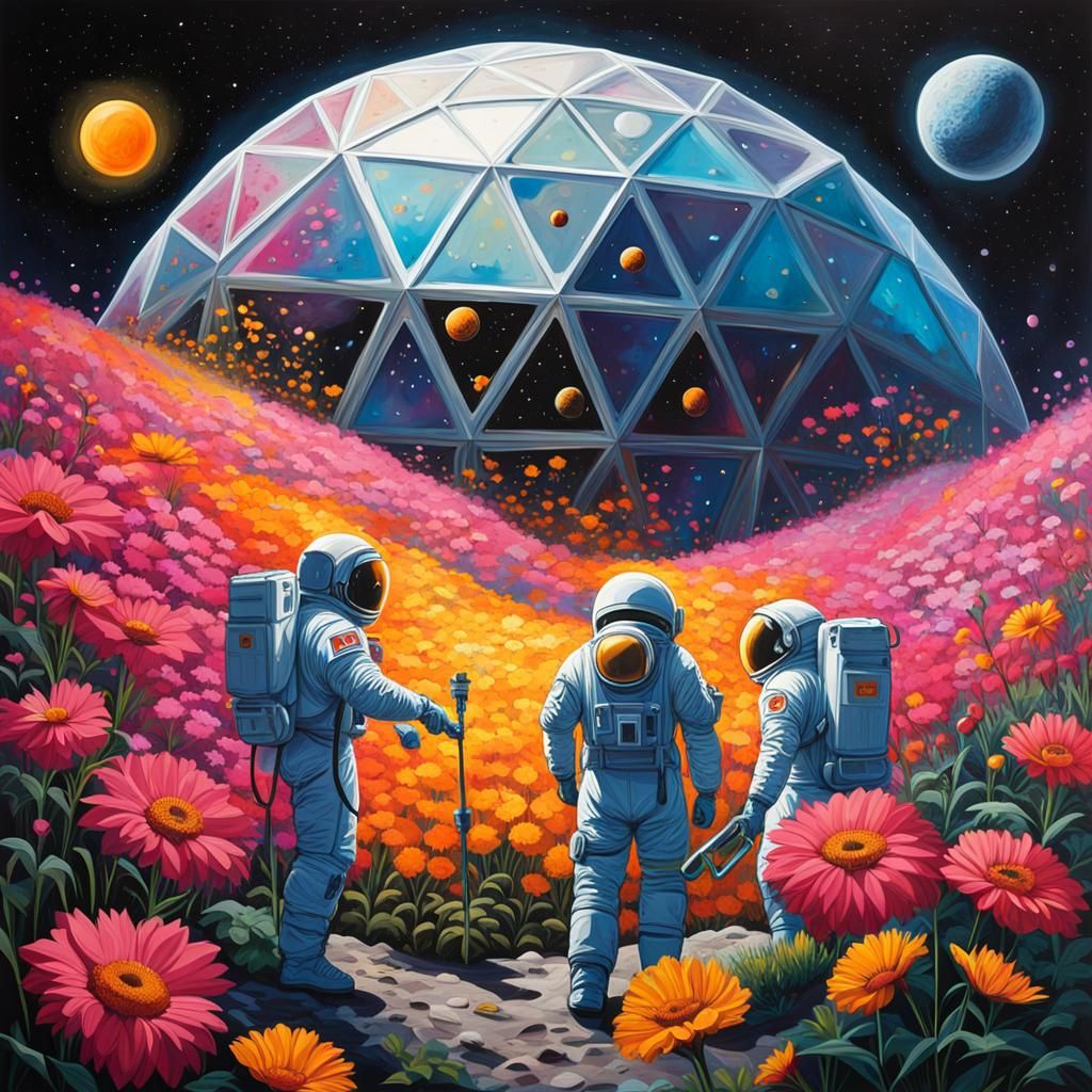 Astronaut Gardeners on the Moon in Graffiti Style