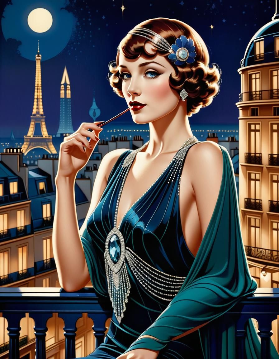Art Deco Woman on Parisian Terrace at Night