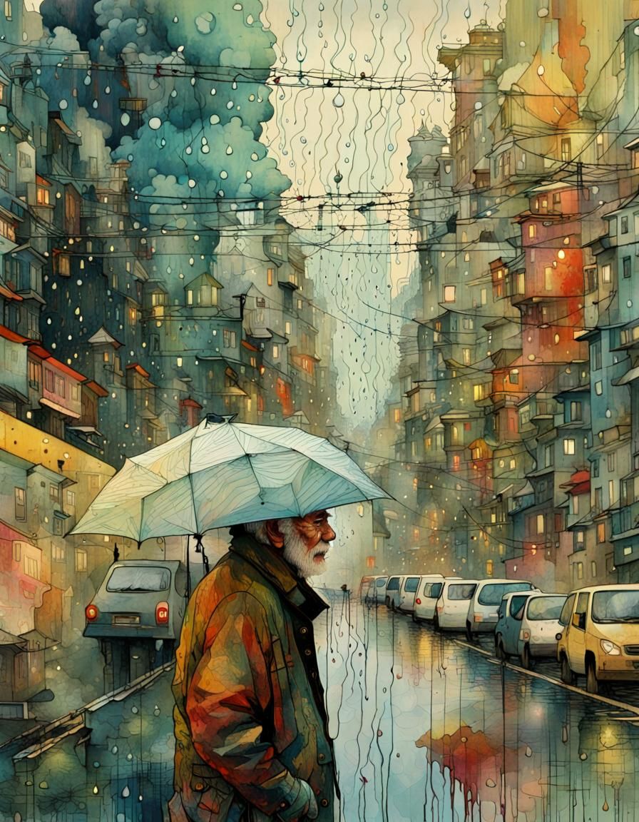 Surreal Cityscape with Striated Storm and Silhouette