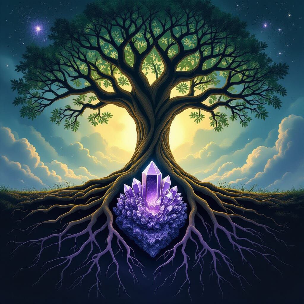 Tree of Life with Amethyst Crystal Roots in Dark Fantasy Sty...