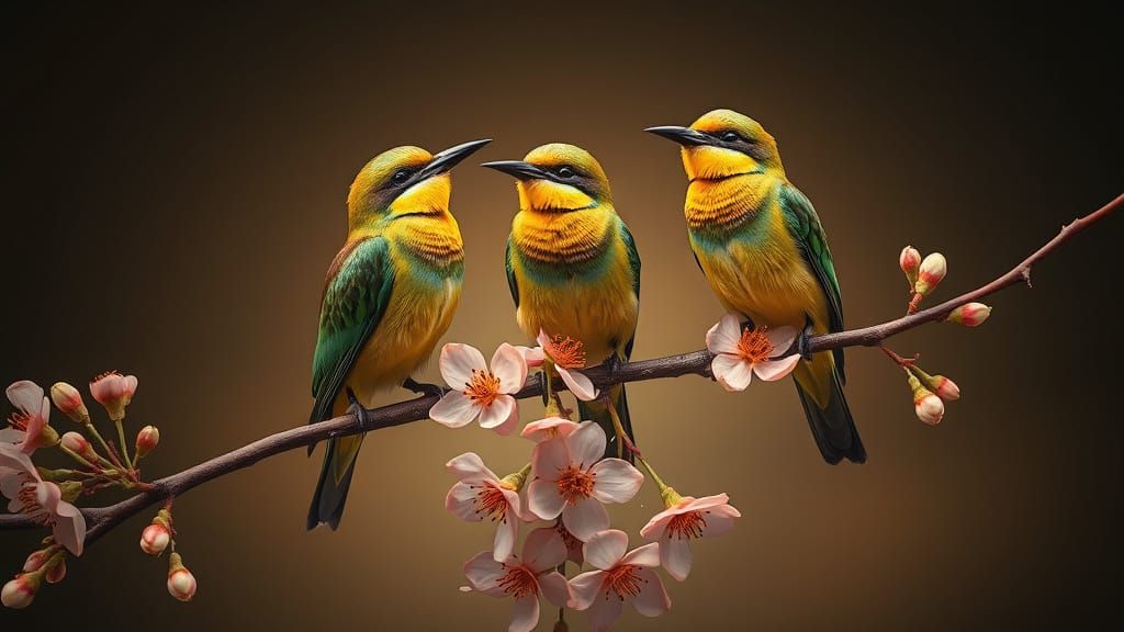 trois oiseaux Guêpier d'Europe espacés posés sur une branche  en fleurs très photographique!